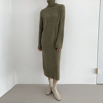 Getadme-Chic Vintage Knitted Dress Women Turtleneck Autumn Winter Thicken Soft Long Sweater Dresses Women Clothing Korean Knitwear